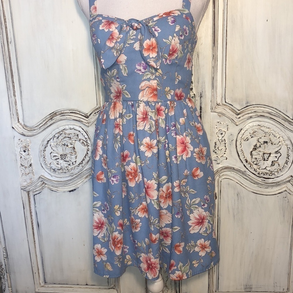 Pinup 50’s FairyCore Coastal Cowgirl Style Blue Floral Strap Dress Size XS - Picture 4 of 11